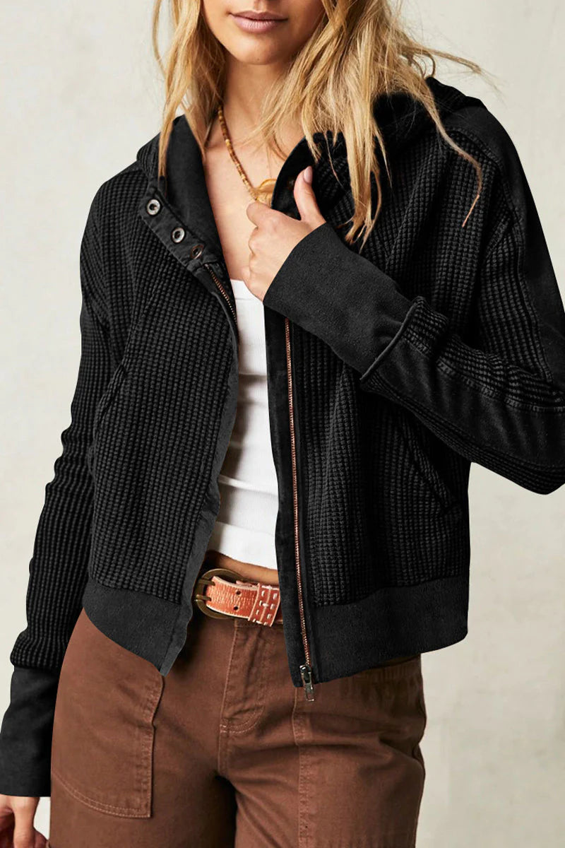 Solid Zipper Hooded Collar Outerwear A335698
