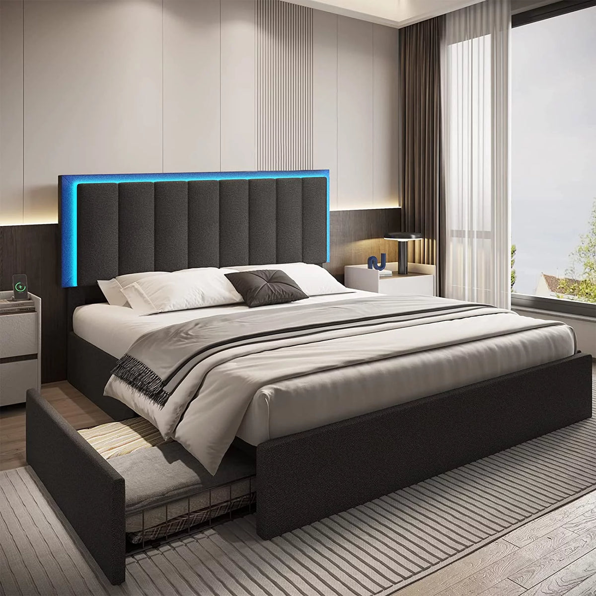 LED Bed Frame with 4 Drawers Linen Fabric Upholstered Platform Bed Dark Grey N195