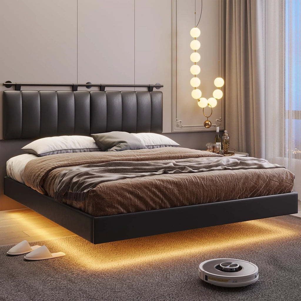 Queen Floating Bed Frame with LED Lights and Wall Mounted Headboard E52252