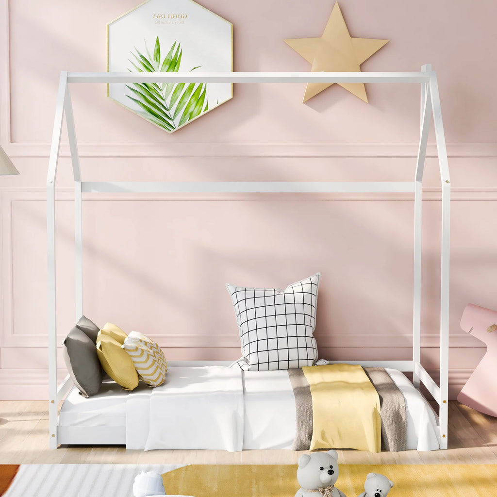 Twin Size White Wood House Bed Q86952
