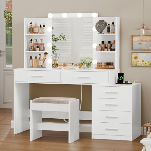 Large White Vanity Desk with Lighted Mirror and Power Outlet M306014