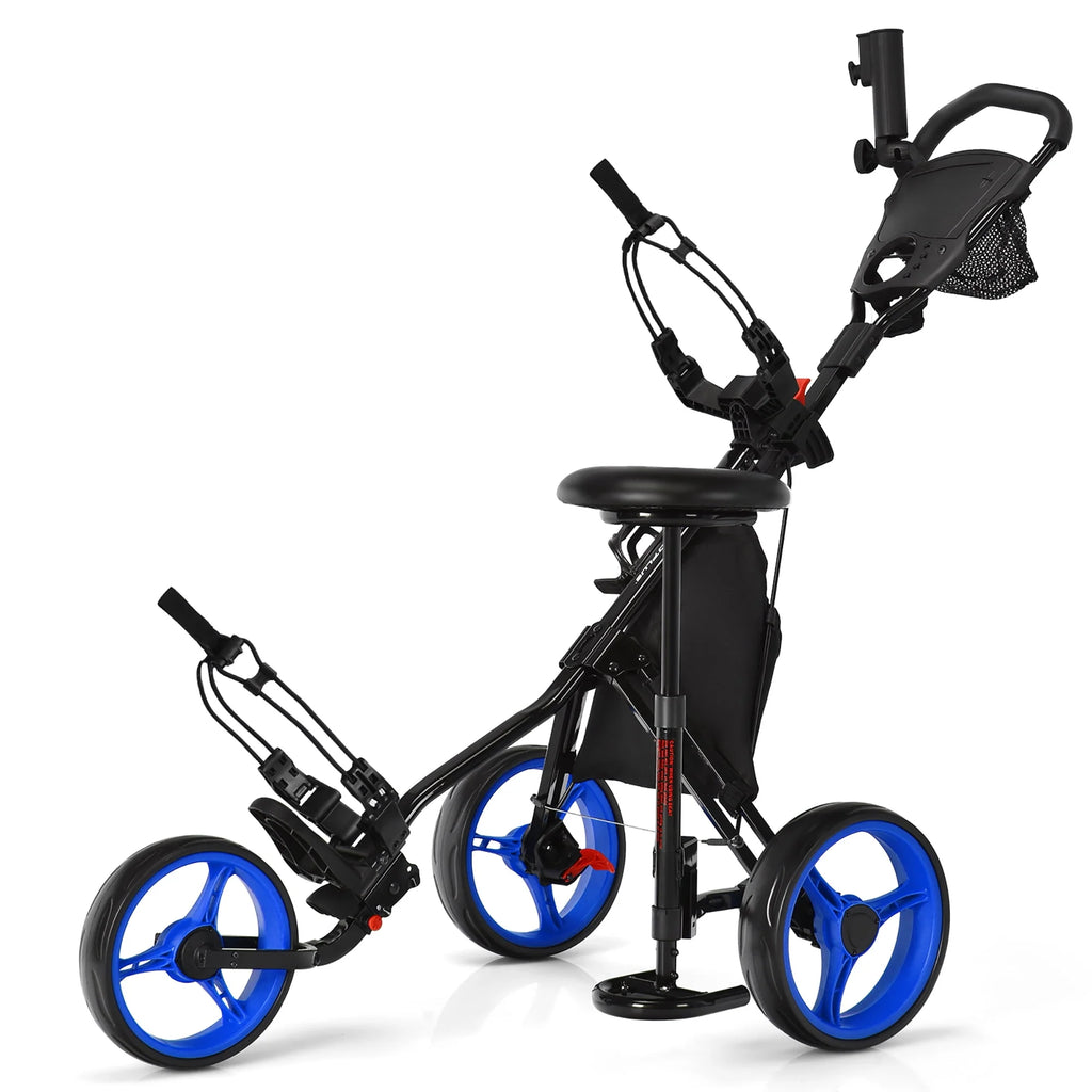 Folding 3 Wheels Golf Push Cart with Seat Blue N391983
