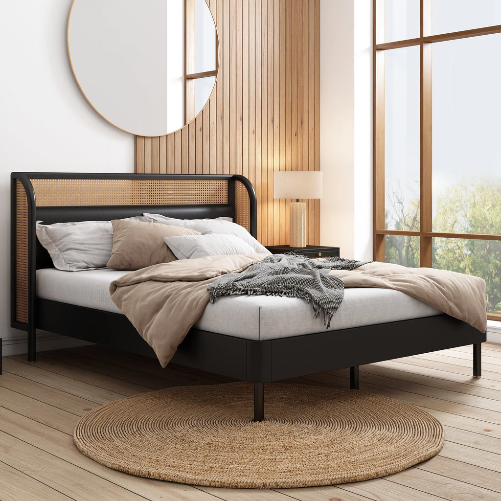 Queen Size Black Rattan Wood Platform Bed with PU Leather Headboard W5616