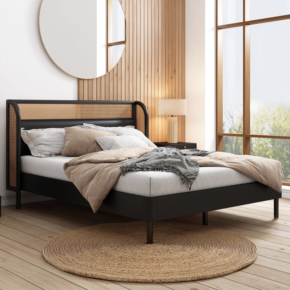 Queen Size Black Rattan Wood Platform Bed with PU Leather Headboard W5616