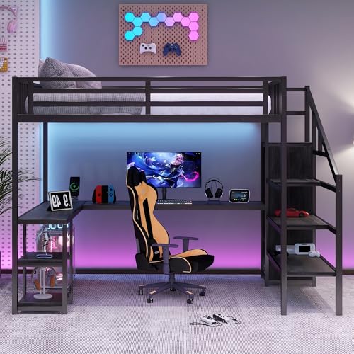 Queen Size Black Metal Loft Bed with Desk and Wardrobe F95382