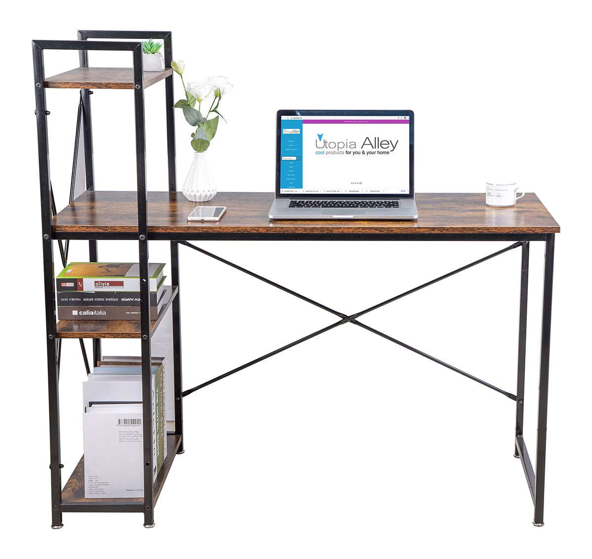 Black 47-inch Metal Computer Desk with 4-Tier Storage Shelves T175