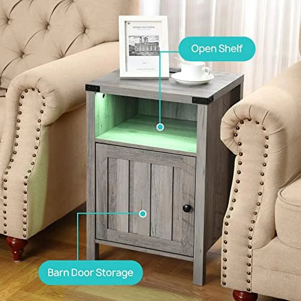 Grey Nightstand with LED Lights and Charging Station Set of 2 S8378