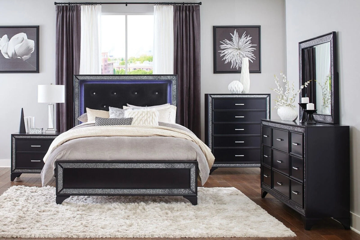 Pearl Black Metallic Finish 4pc Queen Bedroom Set O3679