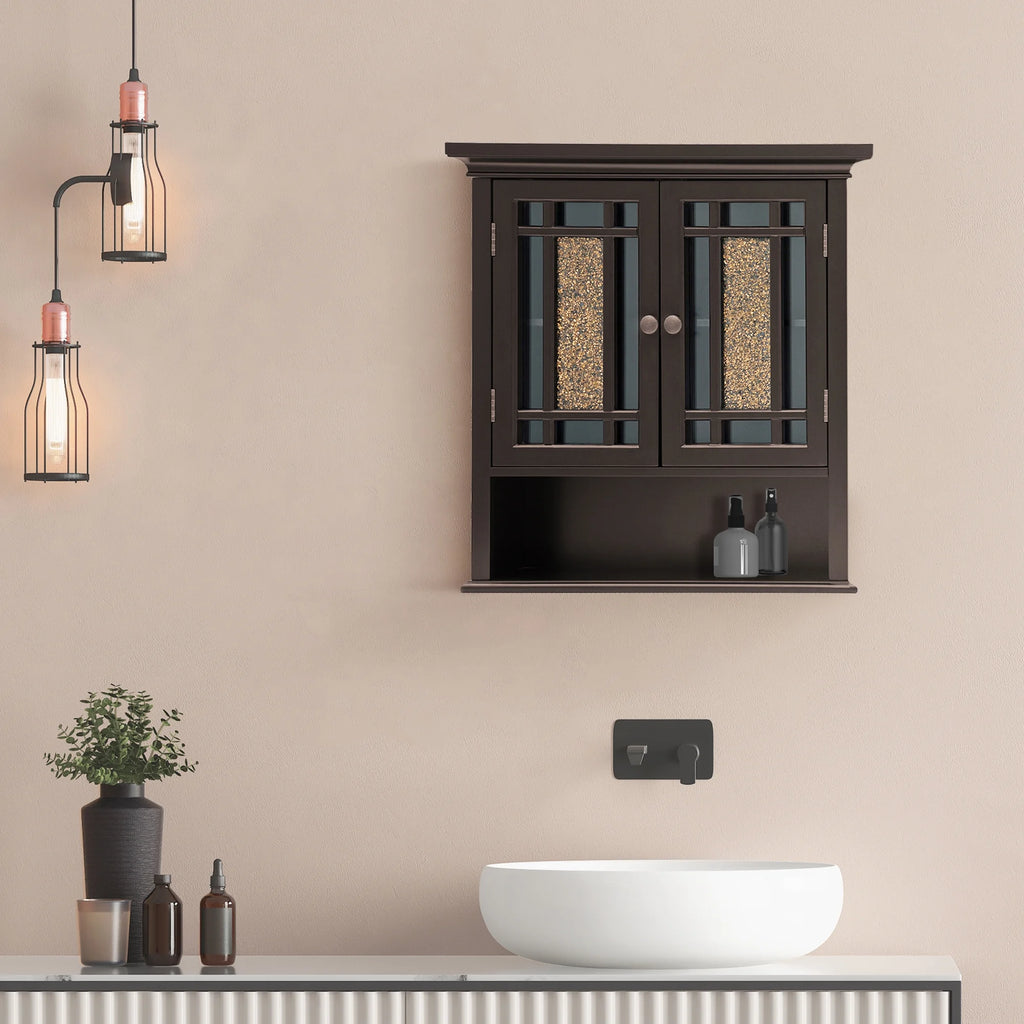 Wooden Wall Cabinet with Glass Mosaic Doors Q7136