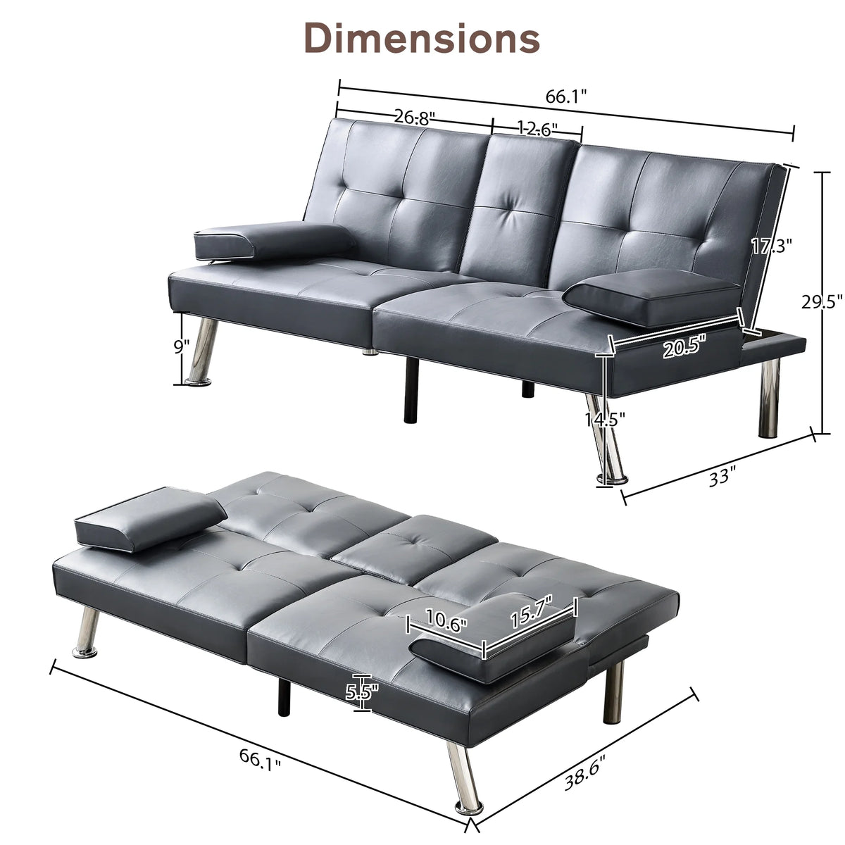 Gray Faux Leather Convertible Sofa Bed R4355
