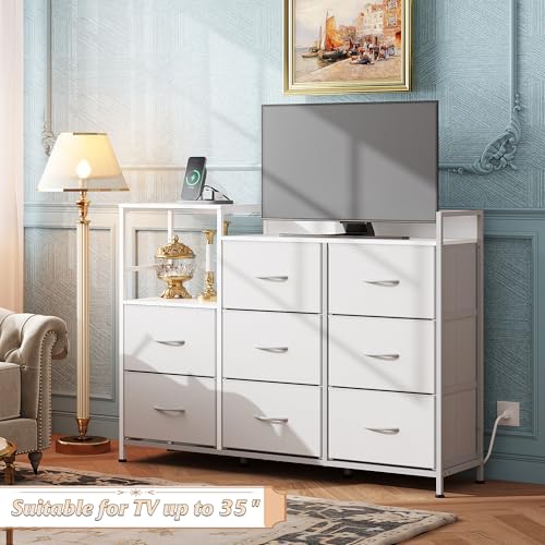 White 8 Drawer Fabric Dresser with Charging Station R526