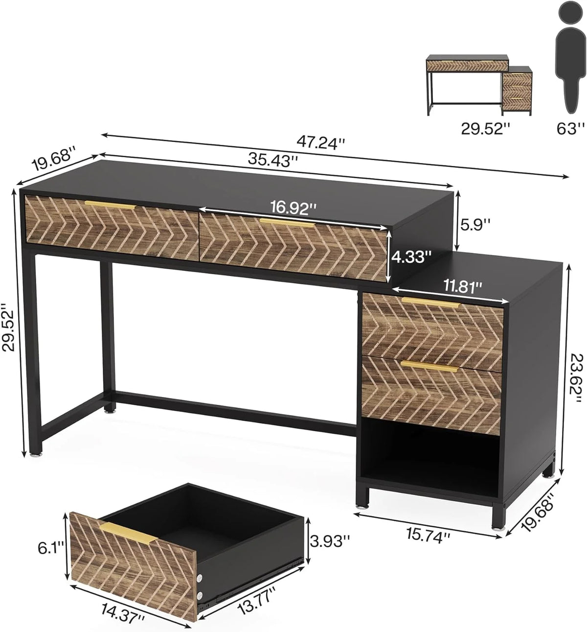47" Computer Desk with 5 Drawers O7050