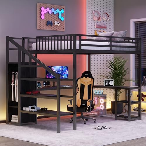 Queen Size Black Metal Loft Bed with Desk and Wardrobe F95382