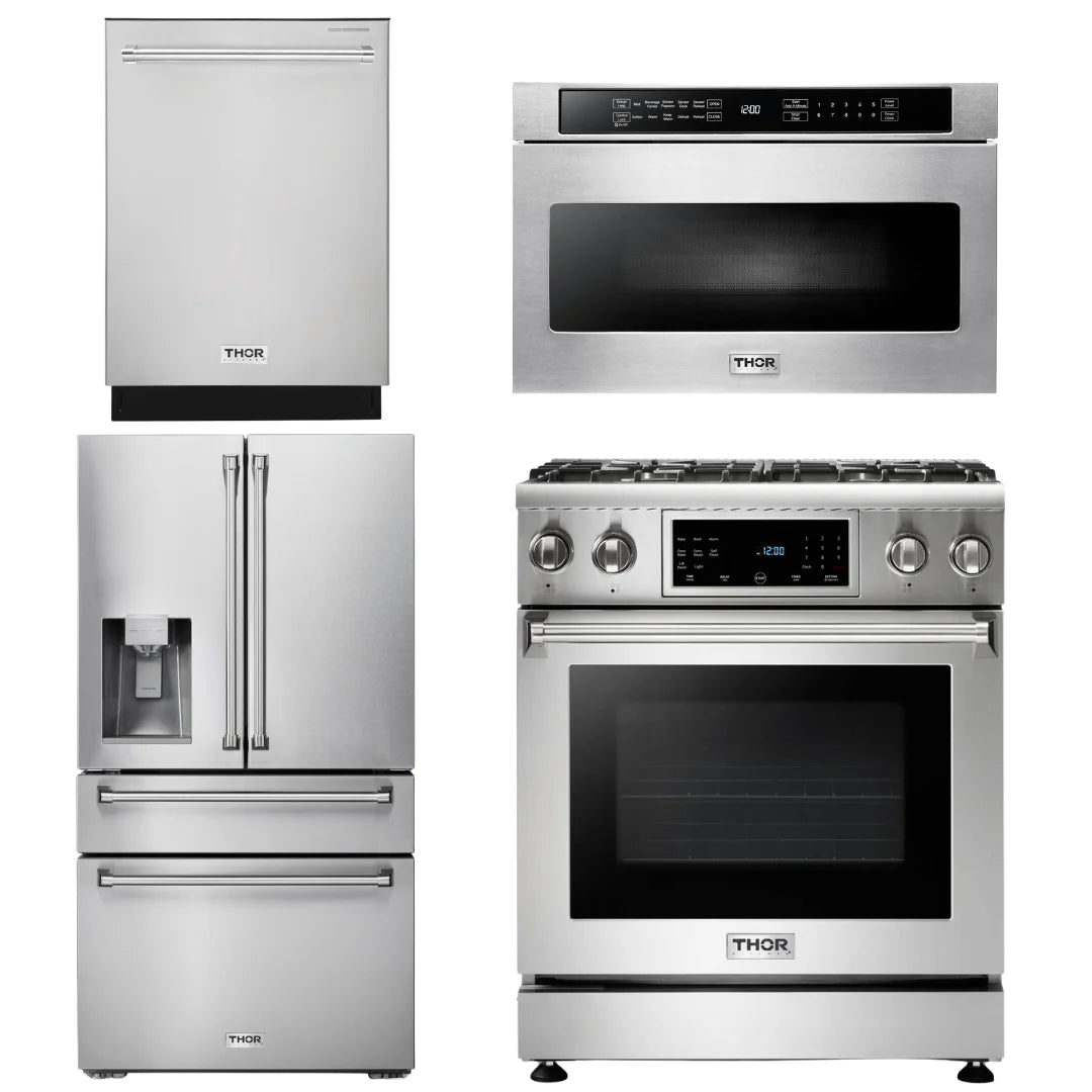 30 Gas Range, Microwave, Refrigerator with Water and Ice Dispenser, Dishwasher A741