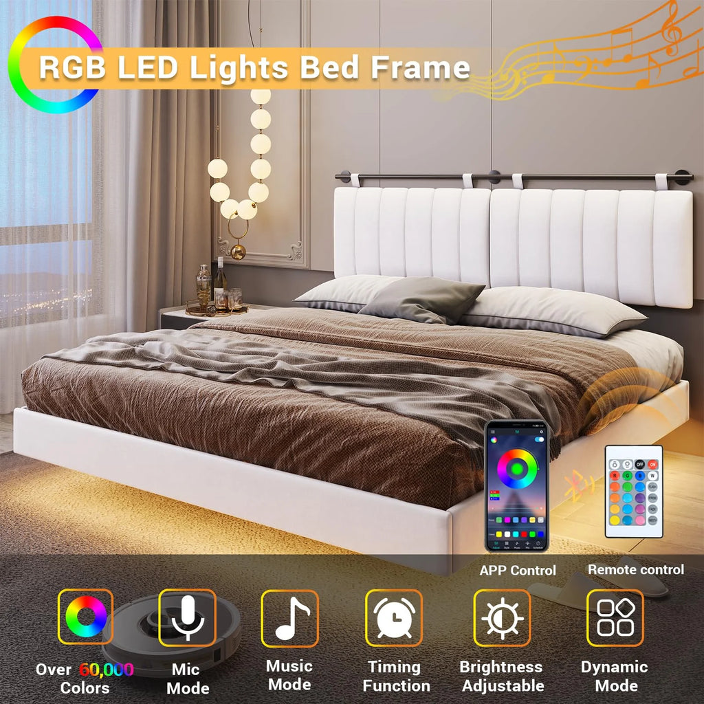 Queen Floating Bed Frame with LED Lights and Wall Mounted Headboard E52252