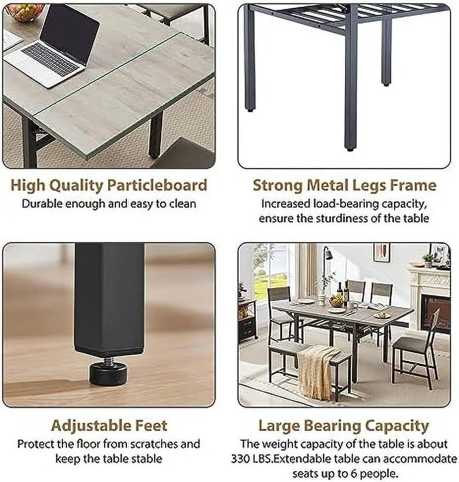 Extendable Drop Leaves Dining Table with Metal Legs Grey Q388393