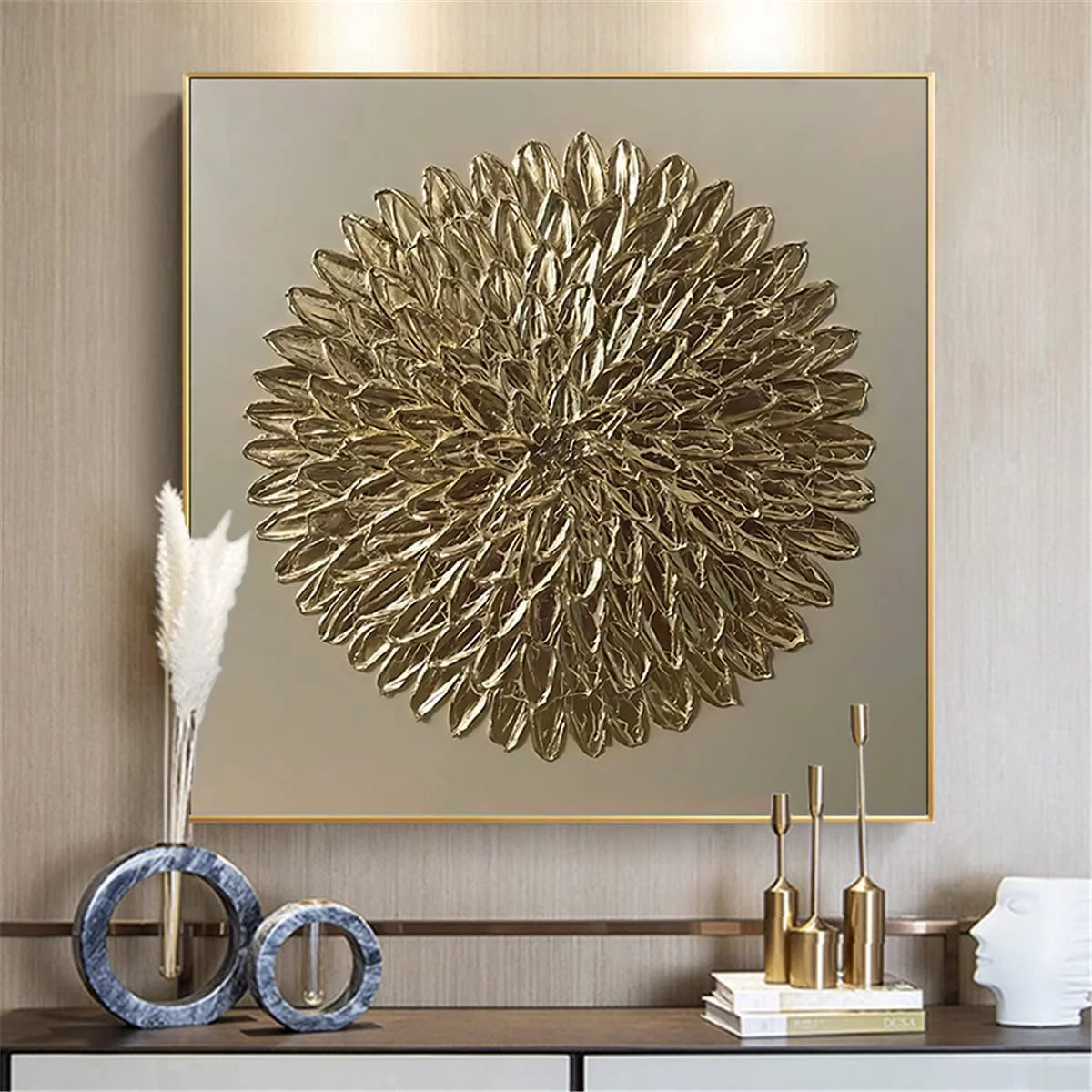 Abstract Wall Art Gold Canvas Painting with Aluminum Alloy Frame R3821