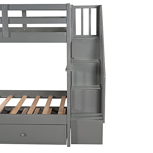 White Twin Over Twin Solid Wood Bunk Bed with Stairs and Trundle F341
