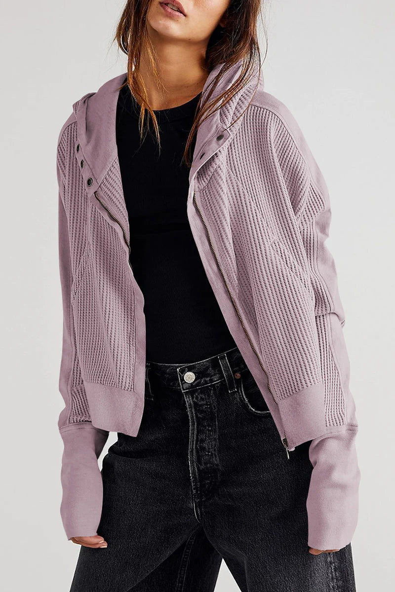 Solid Zipper Hooded Collar Outerwear A335698