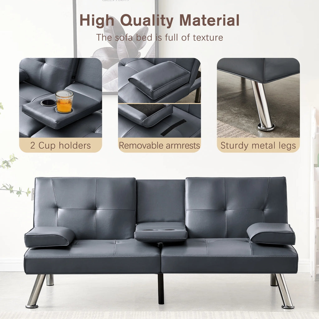 Gray Faux Leather Convertible Sofa Bed R4355