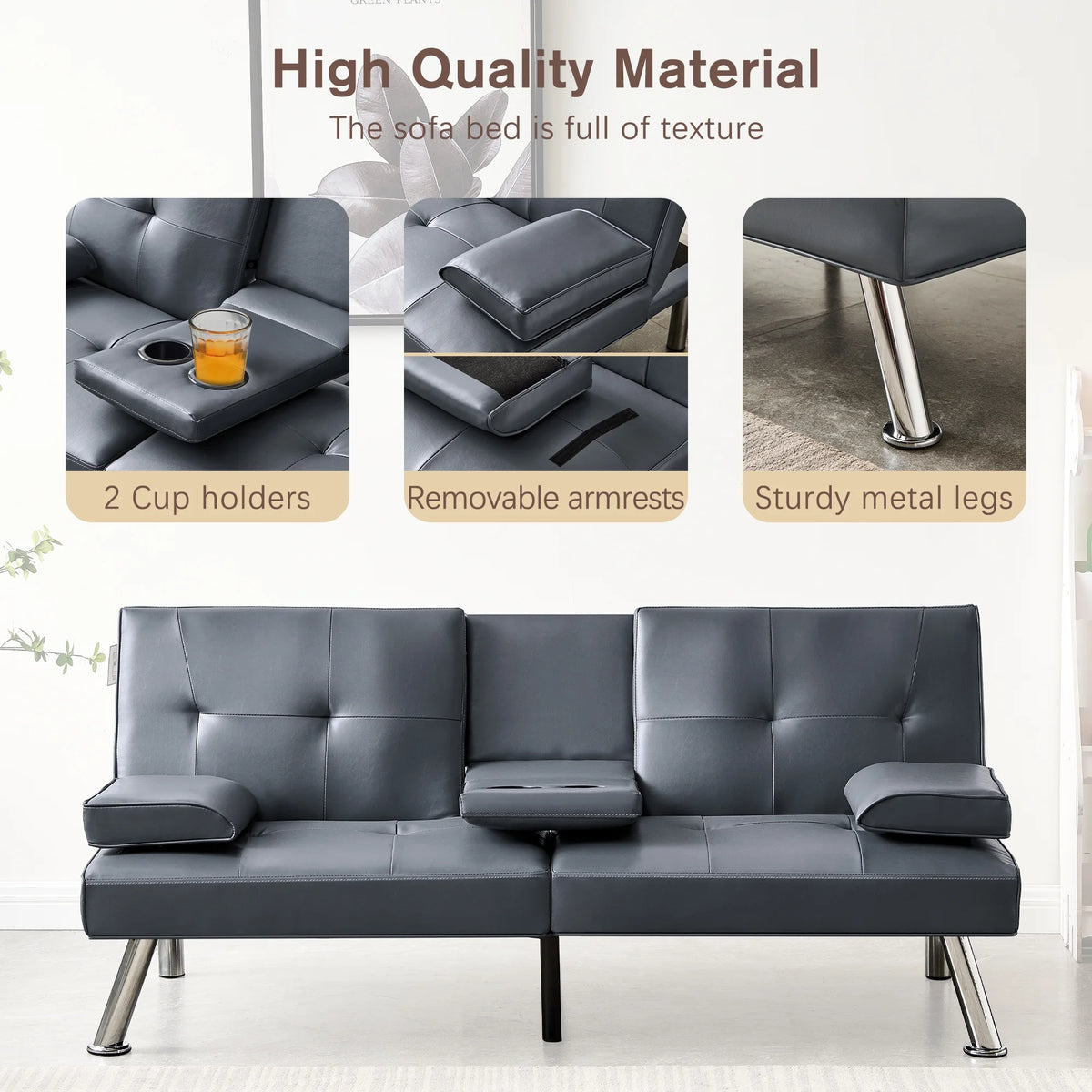Gray Faux Leather Convertible Sofa Bed R4355