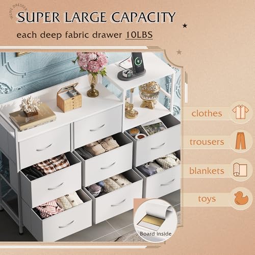 White 8 Drawer Fabric Dresser with Charging Station R526