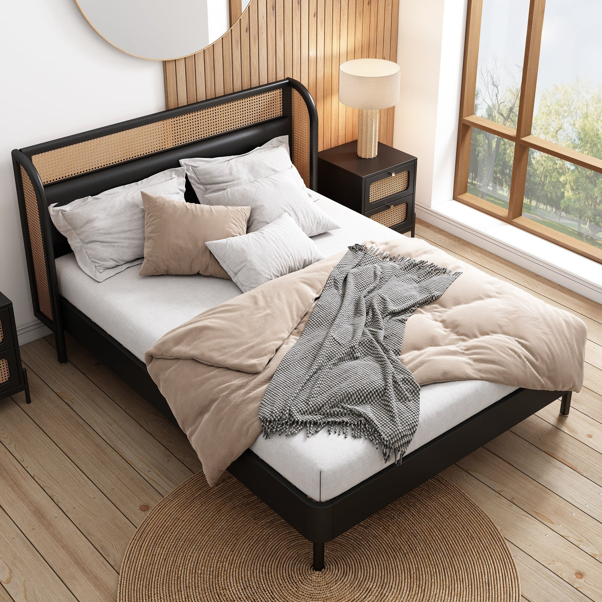 Queen Size Black Rattan Wood Platform Bed with PU Leather Headboard W5616