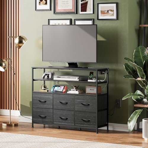 Black 6 Drawer Fabric Dresser with LED Lights and Charging Station Q3081