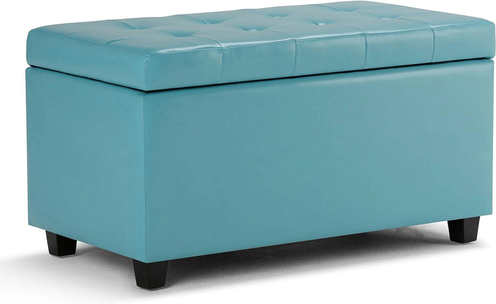 Soft Blue Tufted Faux Leather Lift Top Storage Ottoman I55996