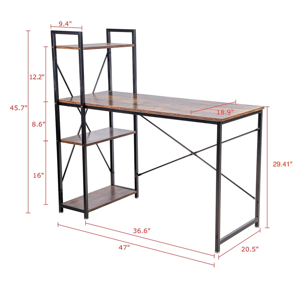 Black 47-inch Metal Computer Desk with 4-Tier Storage Shelves T175