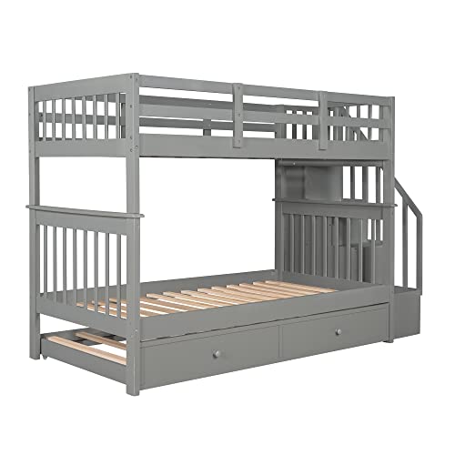 White Twin Over Twin Solid Wood Bunk Bed with Stairs and Trundle F341