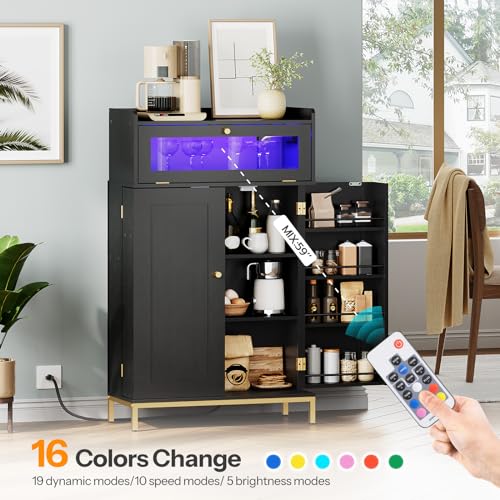 Black and Gold Pantry with Charging Station and LED Light F6577