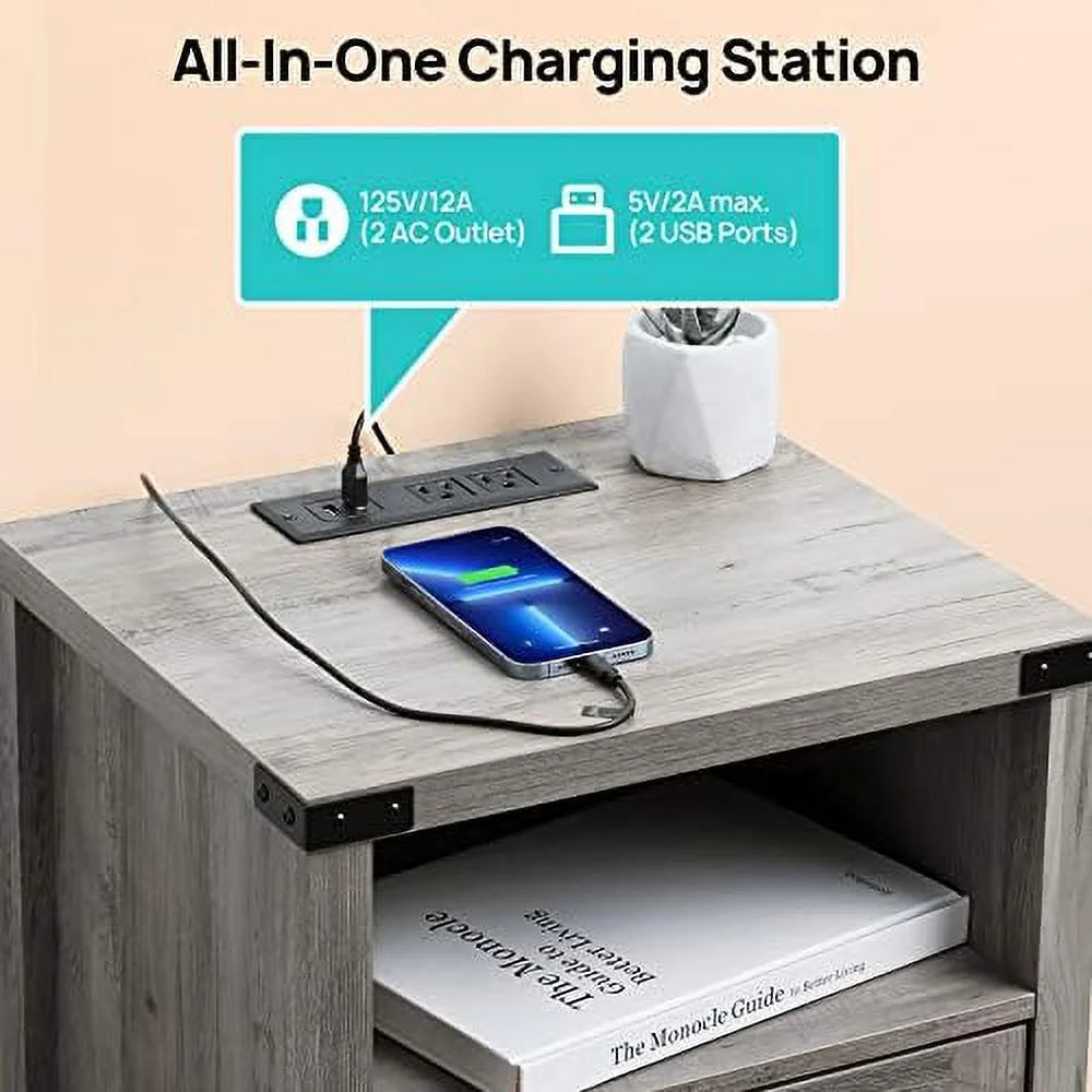 Grey Nightstand with LED Lights and Charging Station Set of 2 S8378