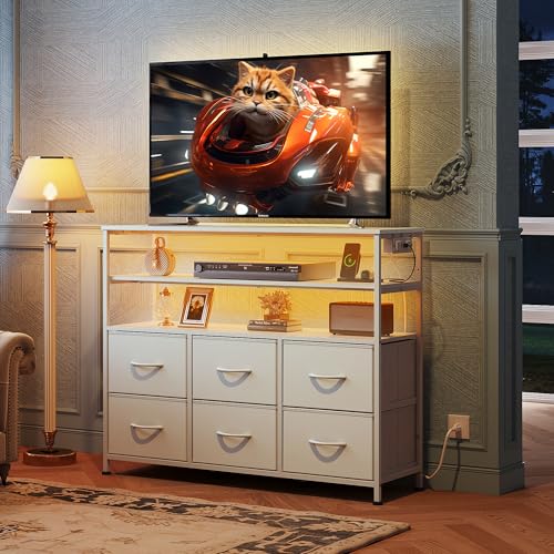 Black 6 Drawer Fabric Dresser with LED Lights and Charging Station Q3081