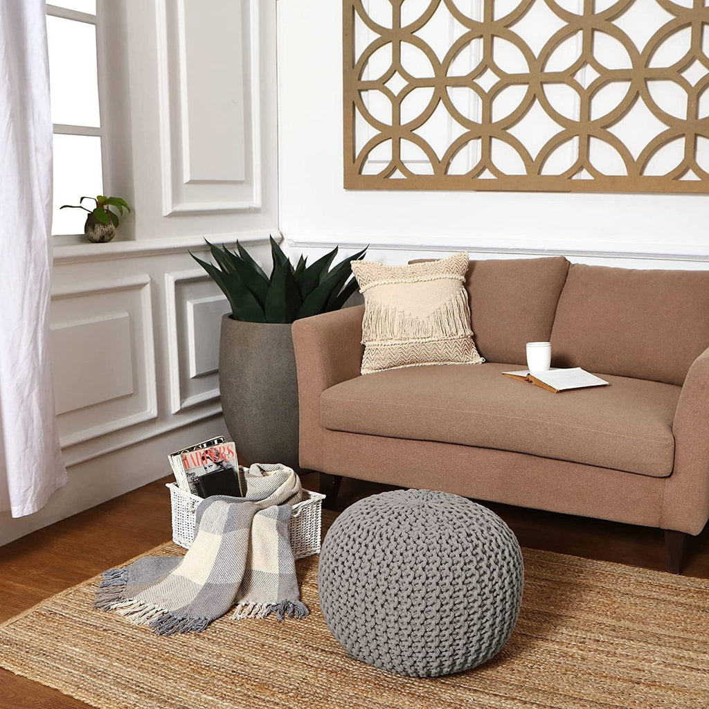 Round Cable Knitted Pouf Ottoman 18”x18”x14” Gray B986141
