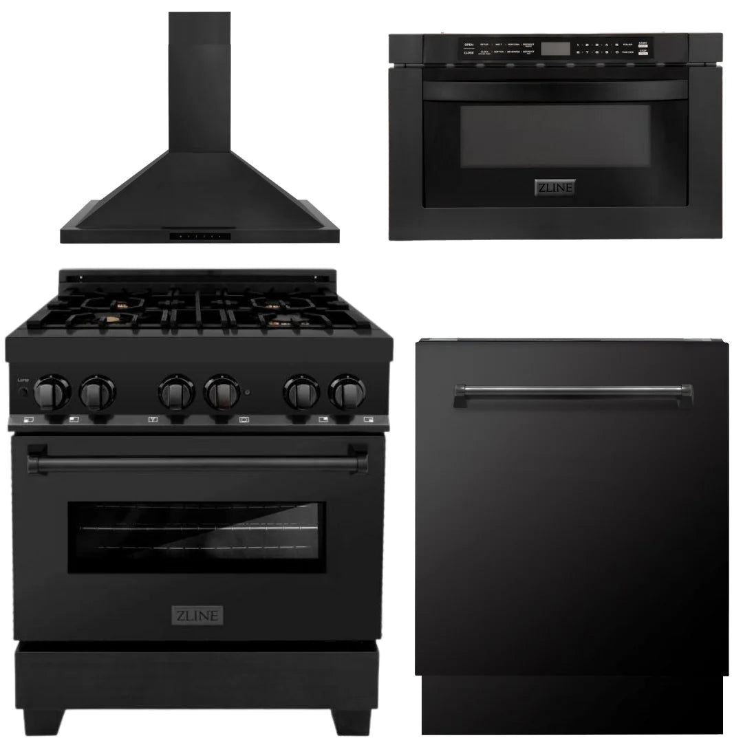 30 In. Dual Fuel Range, Range Hood, Microwave and Dishwasher in Black Stainless Steel W67741