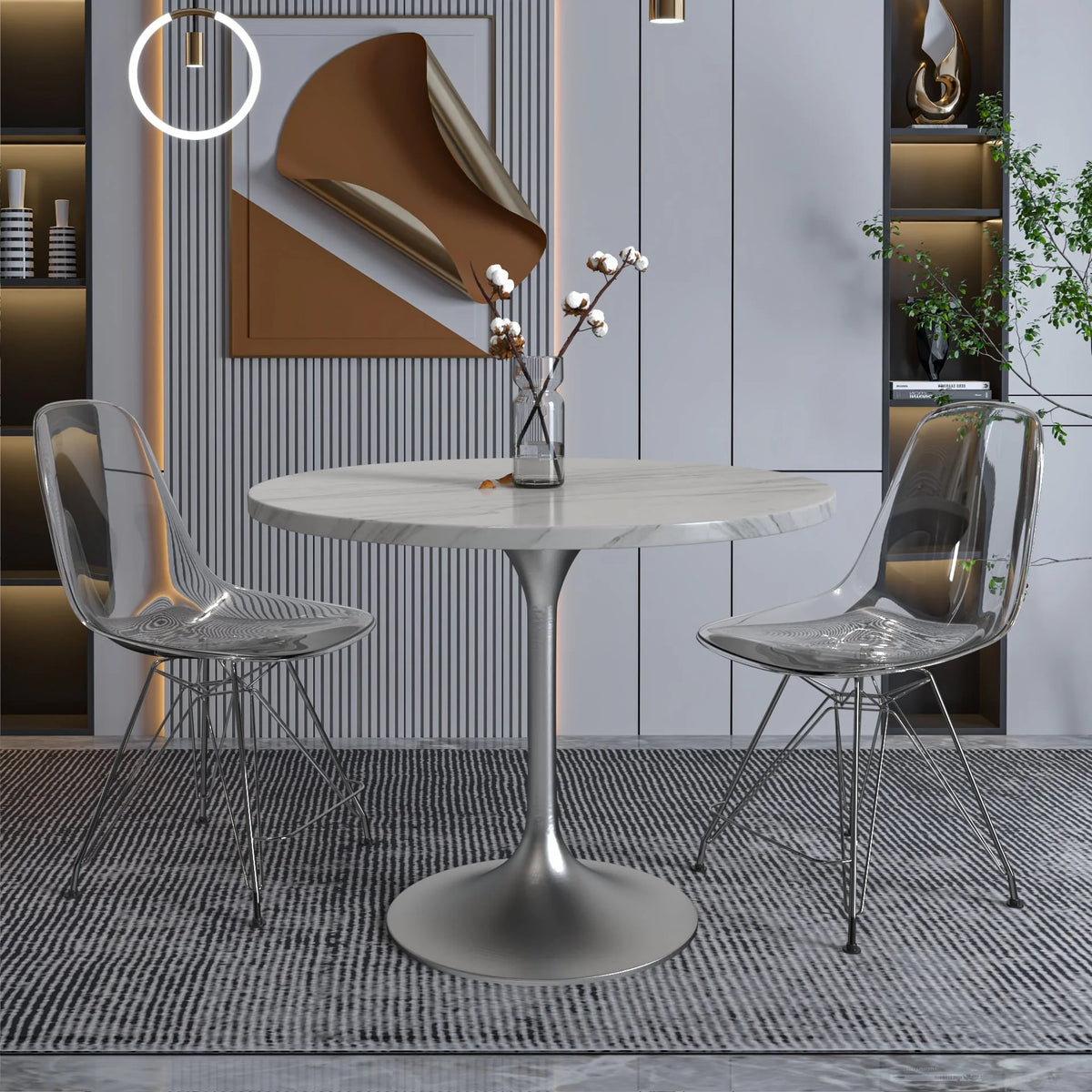 36" Round Sintered Stone Dining Table with Stainless Steel Pedestal Base P290751