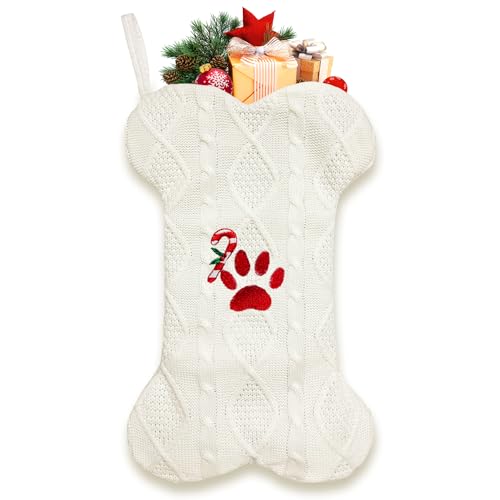 18'' Knit White Paw-Print Dog Christmas Stocking O384991