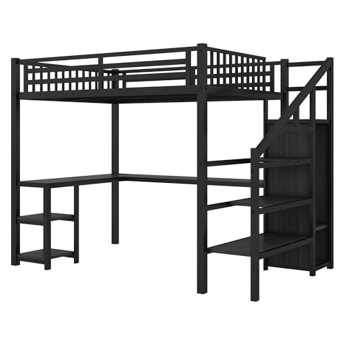 Queen Size Black Metal Loft Bed with Desk and Wardrobe F95382