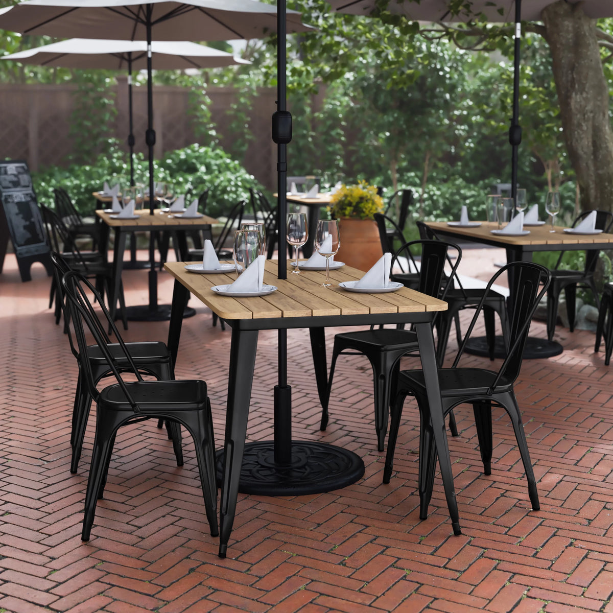 Indoor/Outdoor Dining Table with Umbrella Hole, 30" x 60" Brown Poly Resin Top and Black Steel Base T40580