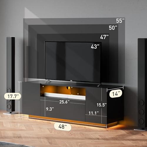 Black TV Stand with LED Lights and Storage Cabinet U855