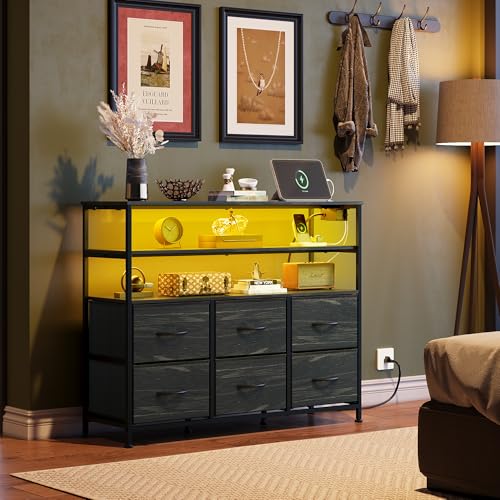 Black 6 Drawer Fabric Dresser with LED Lights and Charging Station Q3081