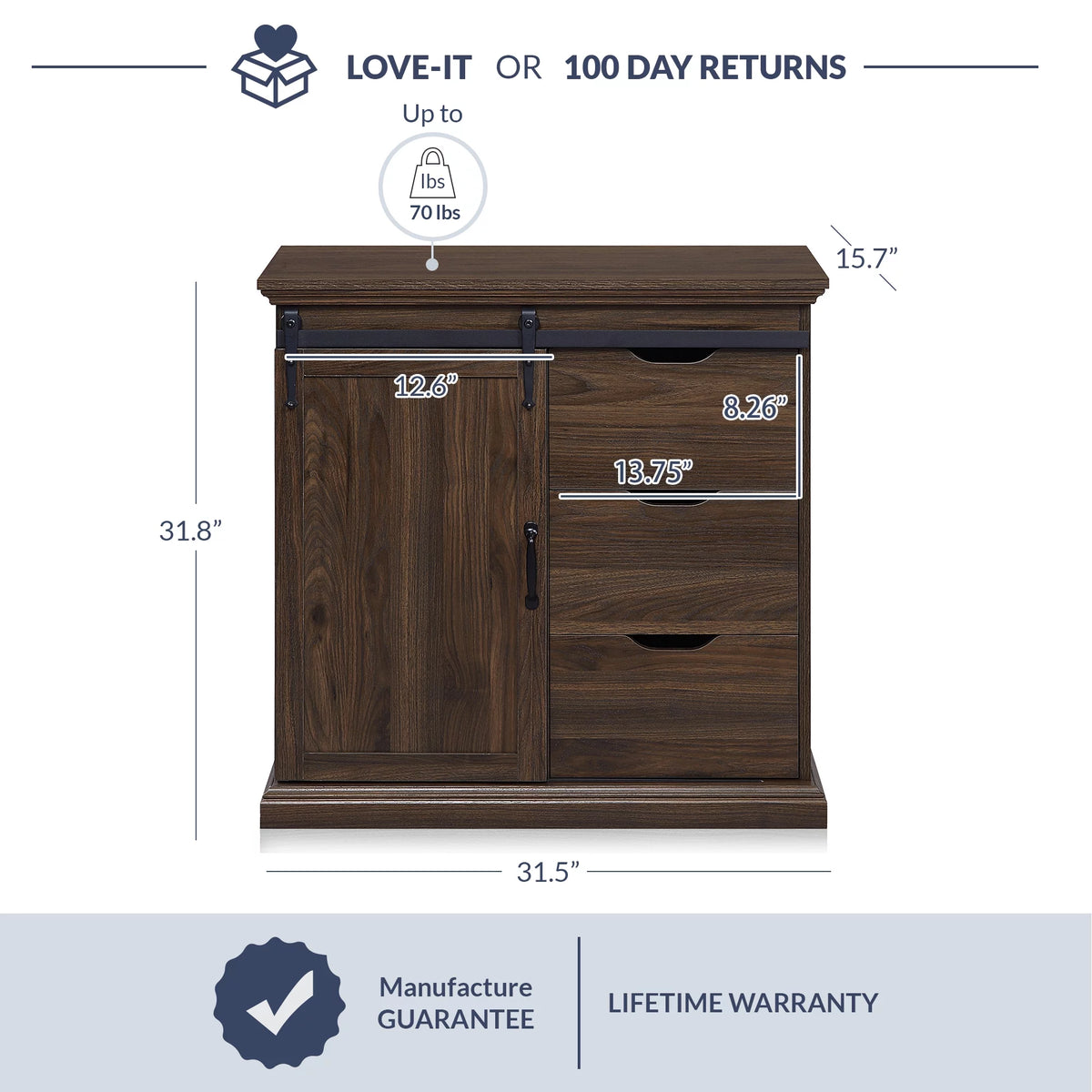 Modern Farmhouse Buffet Table with Sliding Barn Door, Three Drawers & Two Shelves T8495