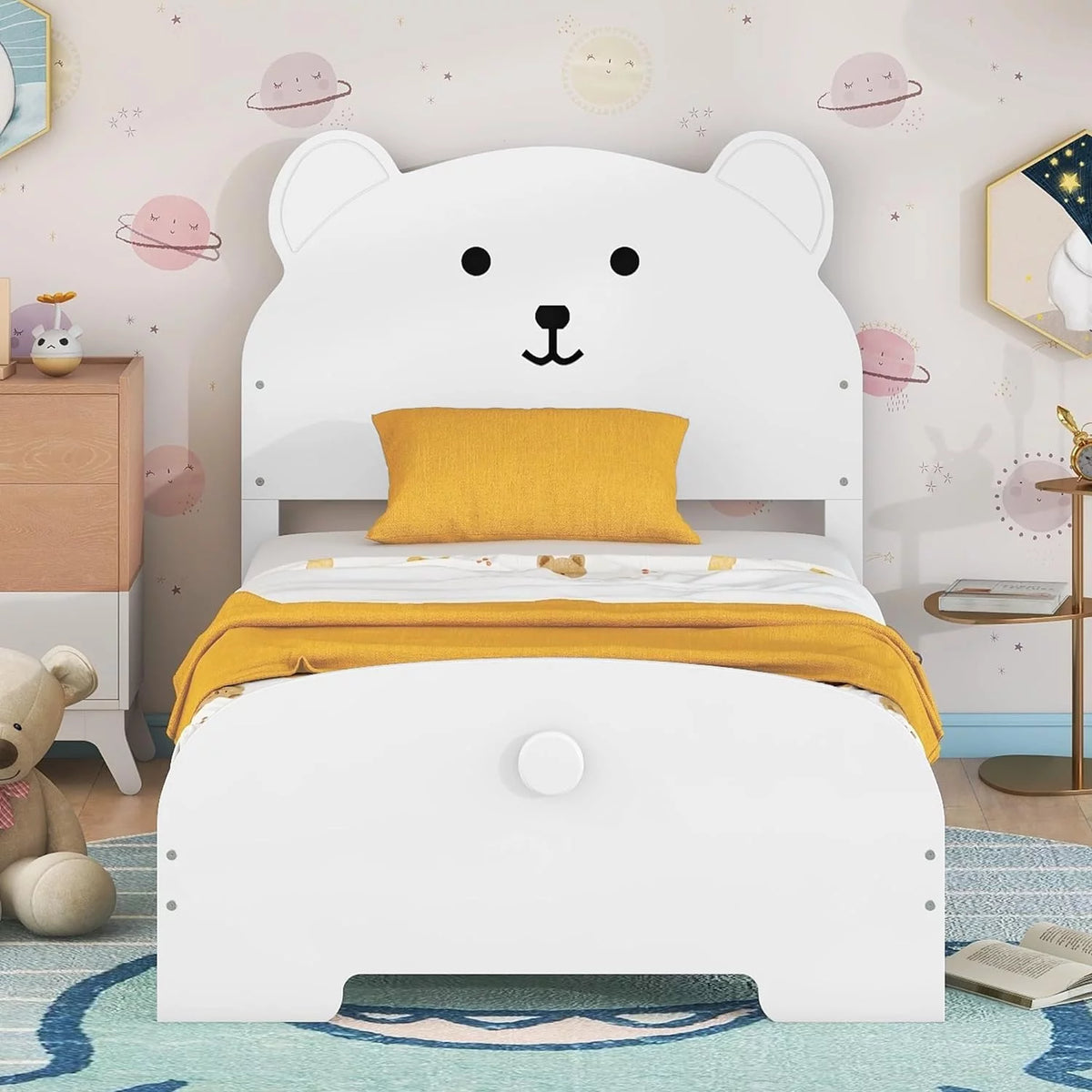 White Wood Platform Bed Frame with Bear-Shaped Headboard and Footboard E517