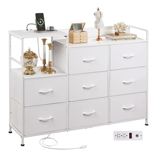 White 8 Drawer Fabric Dresser with Charging Station R526