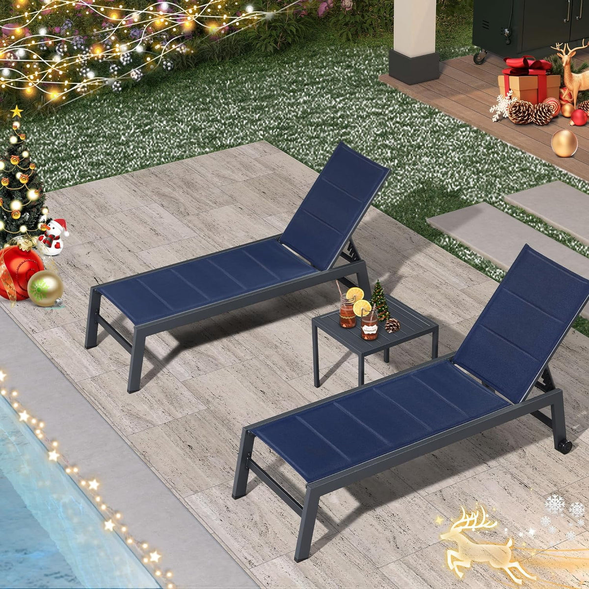 Navy Blue Aluminum 3 Piece Chaise Lounge Set with Wheels and Side Table J46140