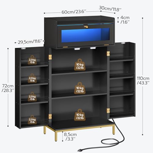 Black and Gold Pantry with Charging Station and LED Light F6577