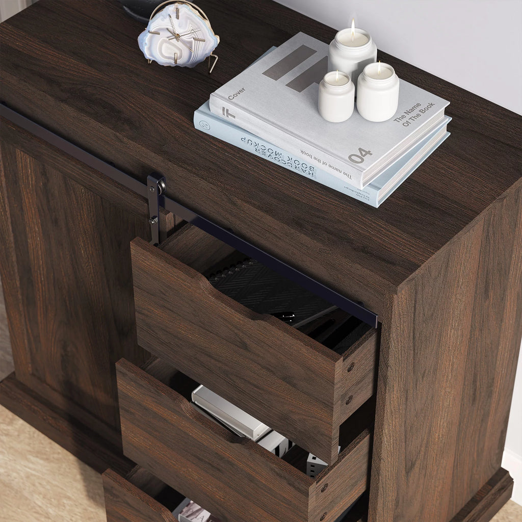 Modern Farmhouse Buffet Table with Sliding Barn Door, Three Drawers & Two Shelves T8495