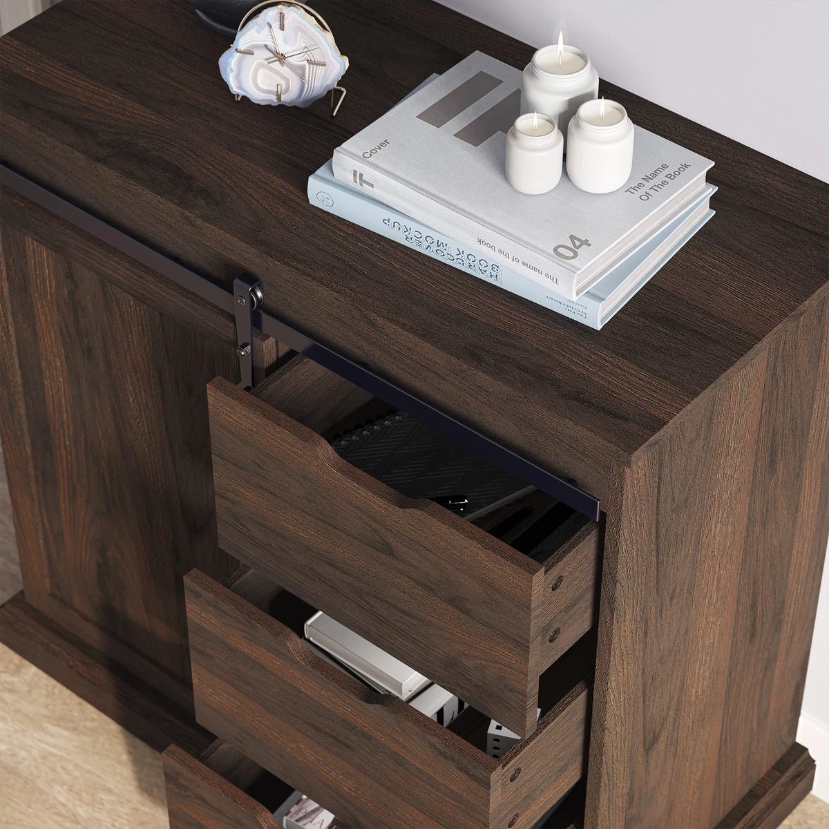 Modern Farmhouse Buffet Table with Sliding Barn Door, Three Drawers & Two Shelves T8495
