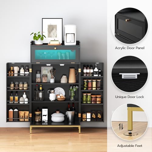 Black and Gold Pantry with Charging Station and LED Light F6577